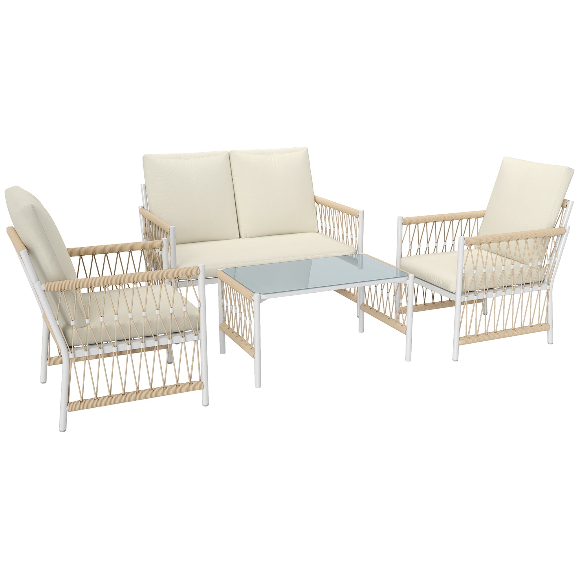 4 Piece Rattan Garden Furniture Set with Cushions - Khaki-0
