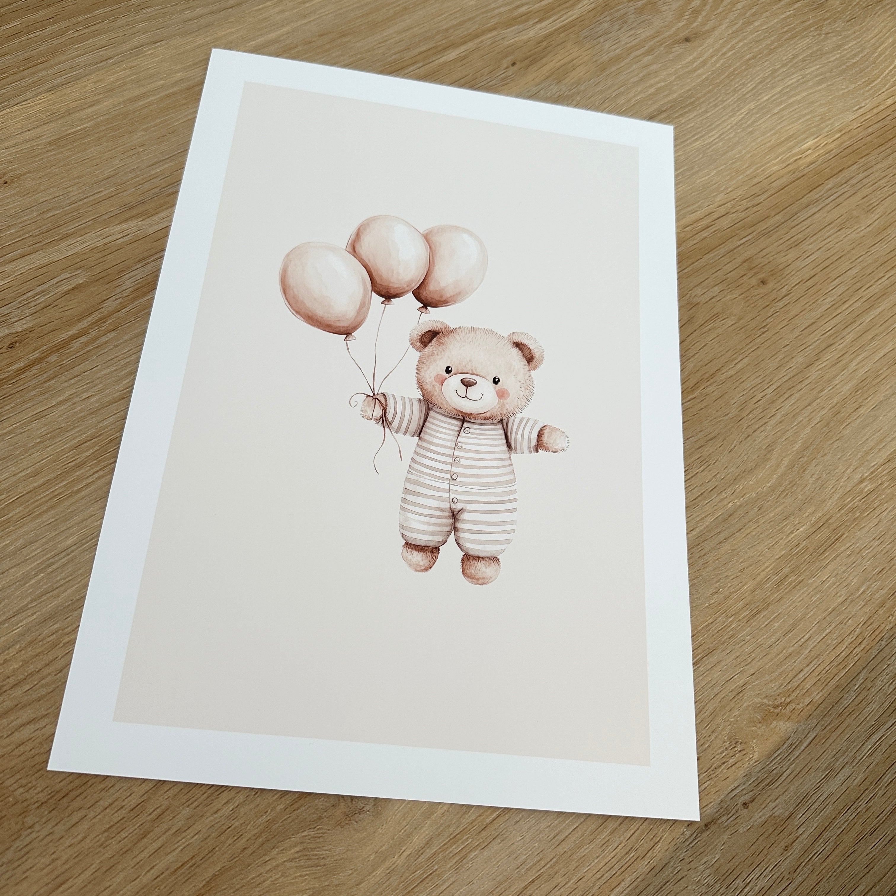 Bedtime Bear With Balloons Watercolour Nursery Children's Boho Netural Room Wall Decor Print-0