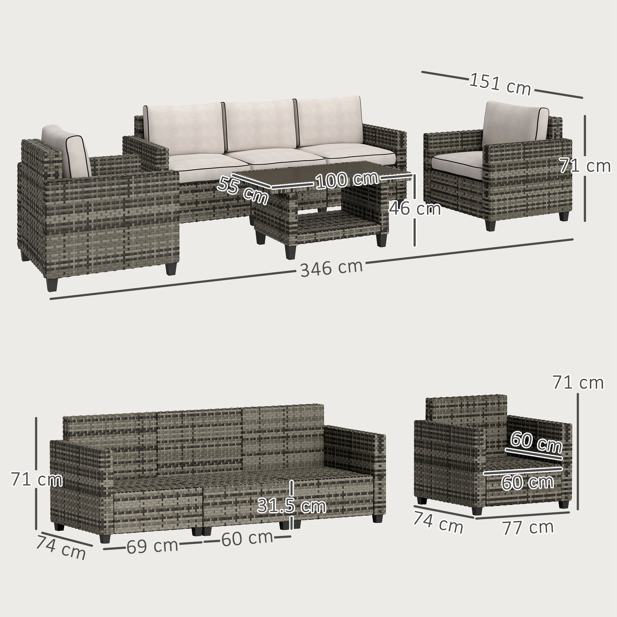 6 Piece Rattan Garden Furniture Set with Cushions - Light Grey-2
