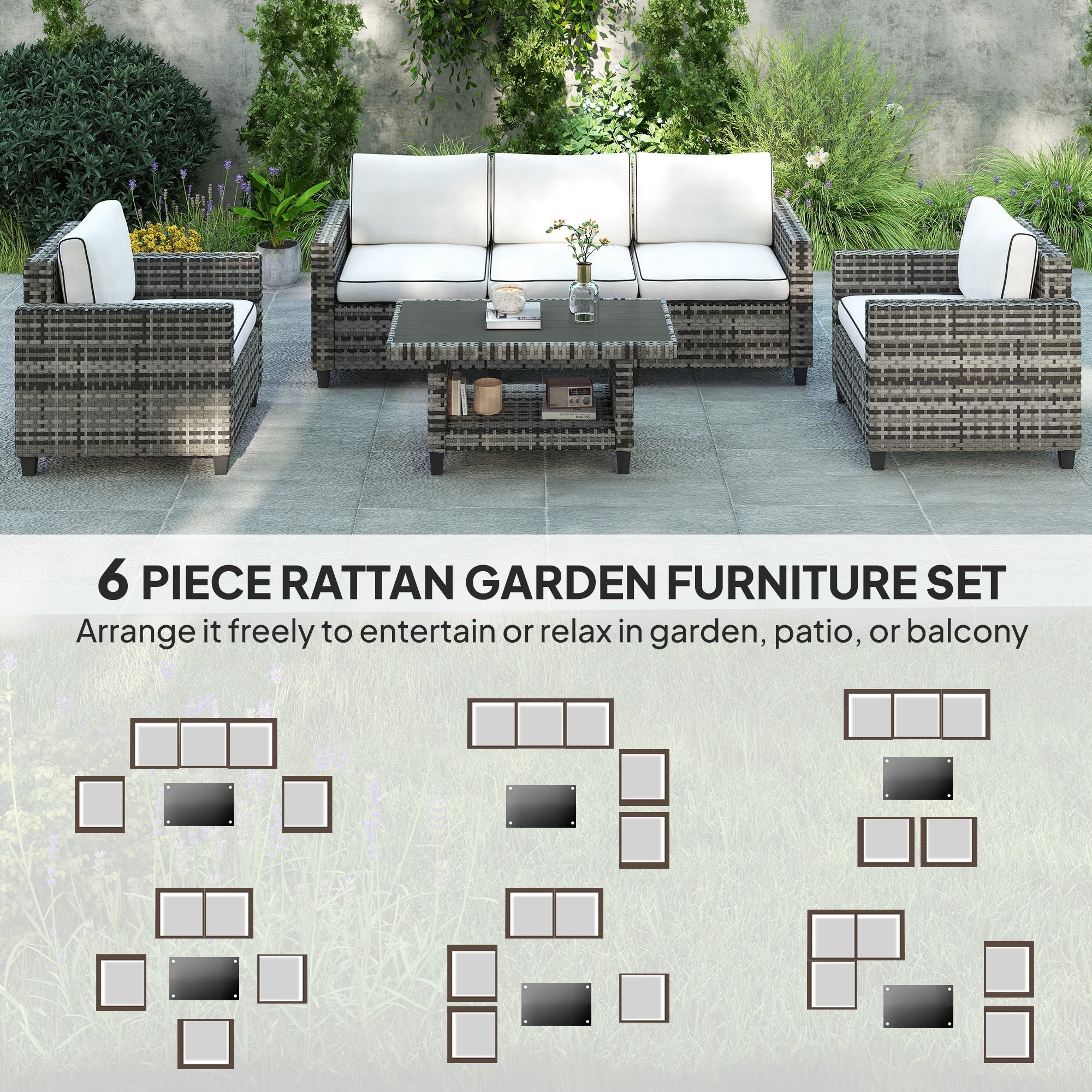 6 Piece Rattan Garden Furniture Set with Cushions - Light Grey-3