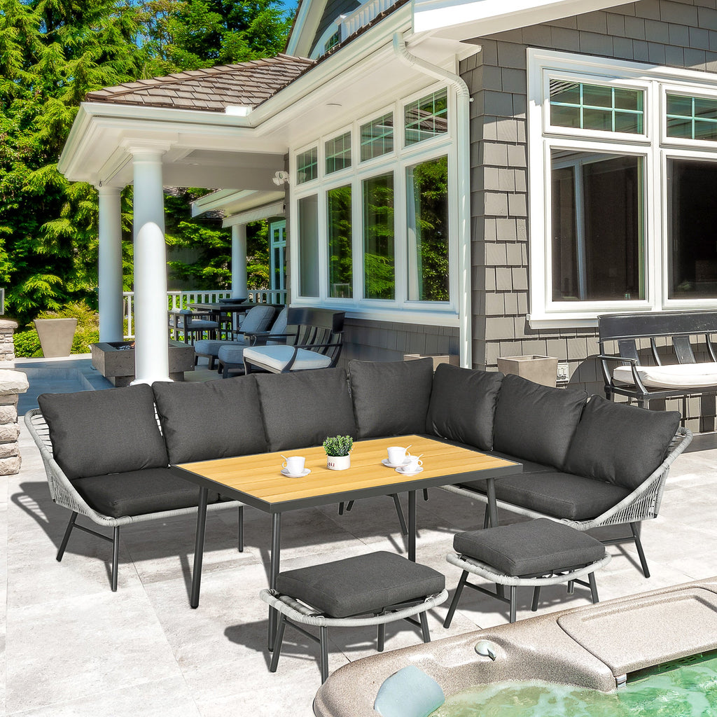 6 Seater Outdoor Rattan Garden Furniture Set with Cushions - Grey-1