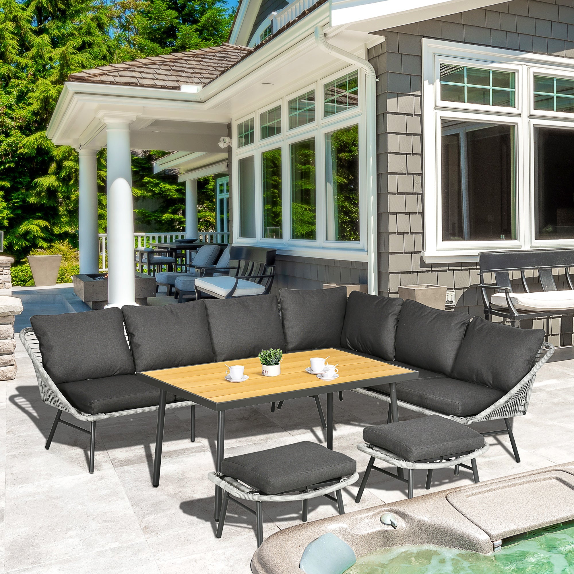 6 Seater Outdoor Rattan Garden Furniture Set with Cushions - Grey-1