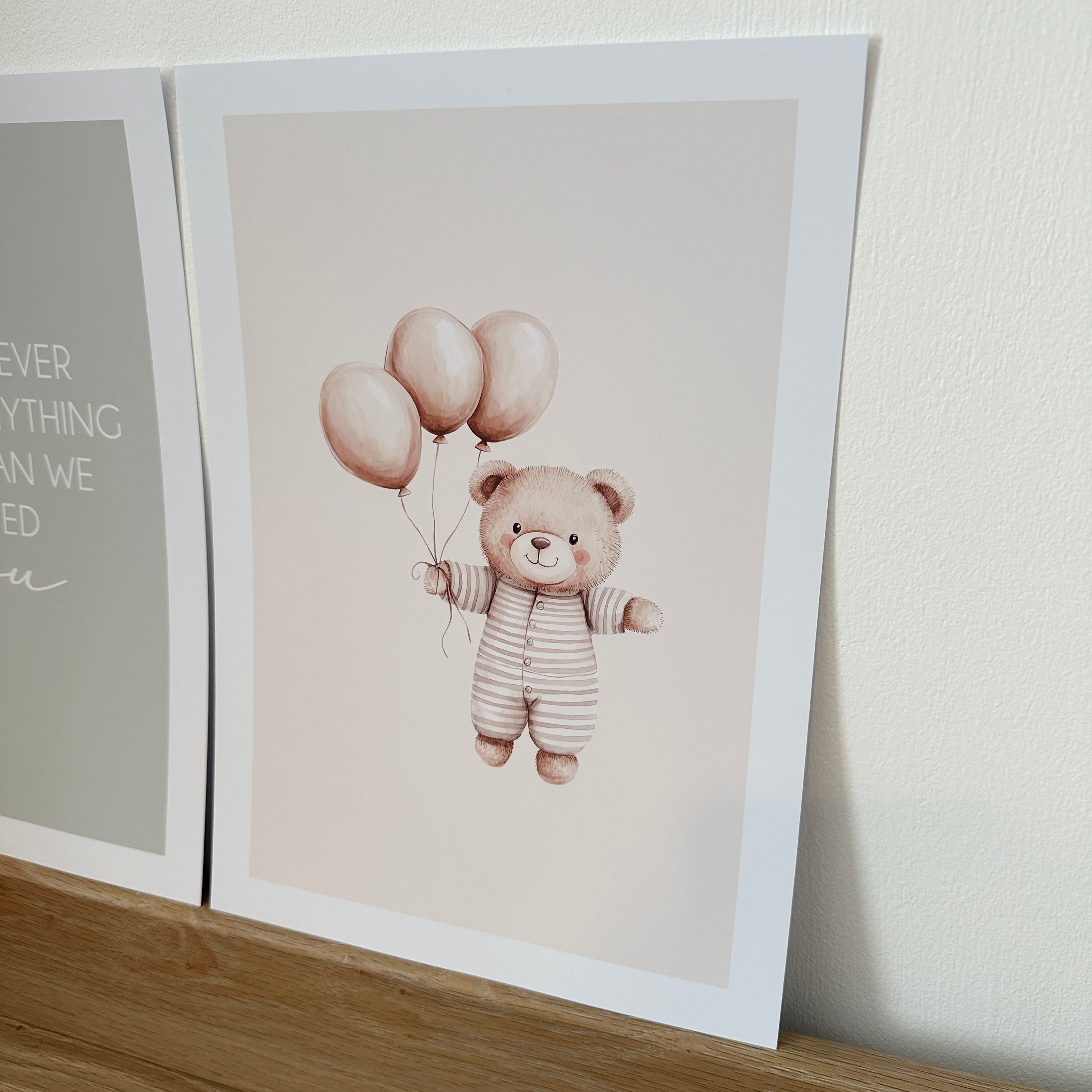 Bedtime Bear With Balloons Watercolour Nursery Children's Boho Netural Room Wall Decor Print-1