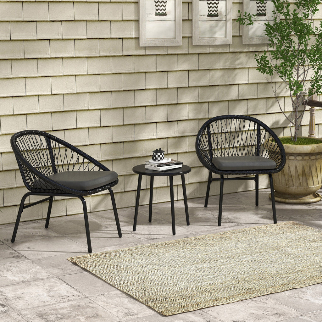 3 Piece Rattan Garden Furniture Set with Cushions - Black-1