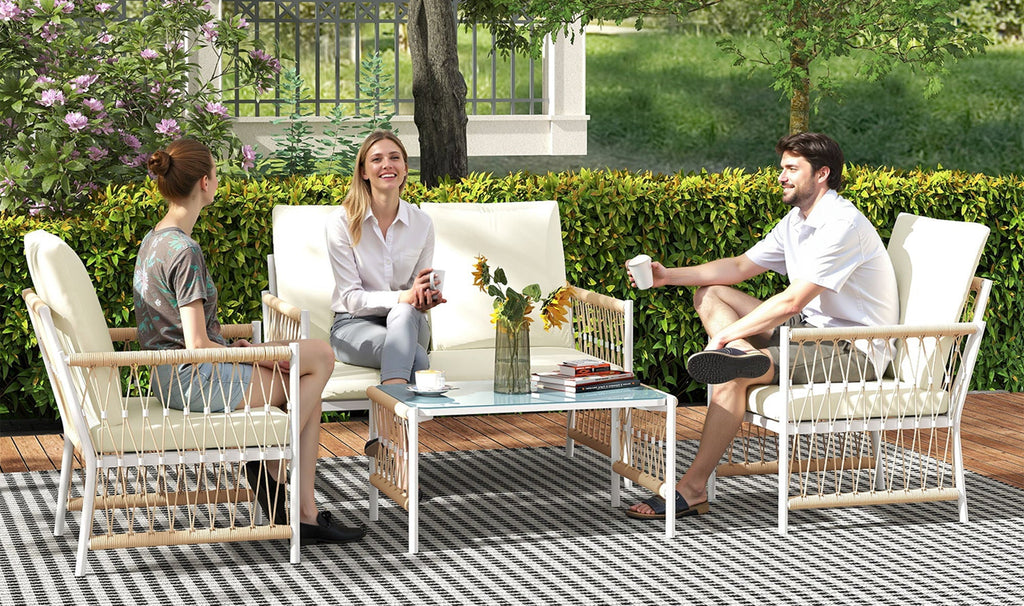 4 Piece Rattan Garden Furniture Set with Cushions - Khaki-3