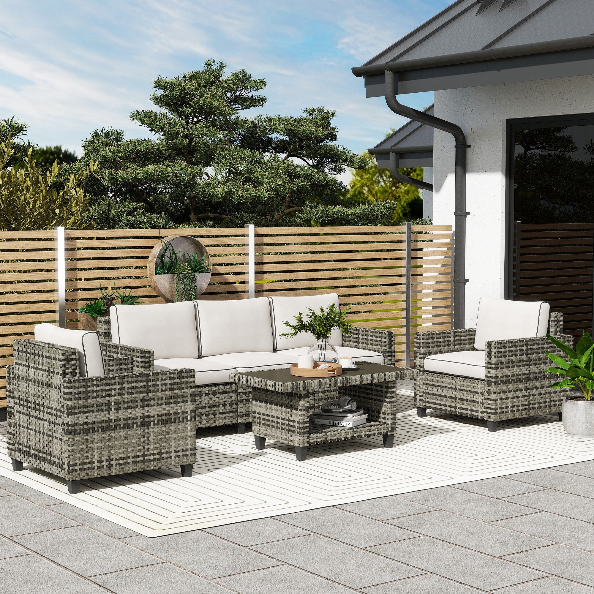 6 Piece Rattan Garden Furniture Set with Cushions - Light Grey-1