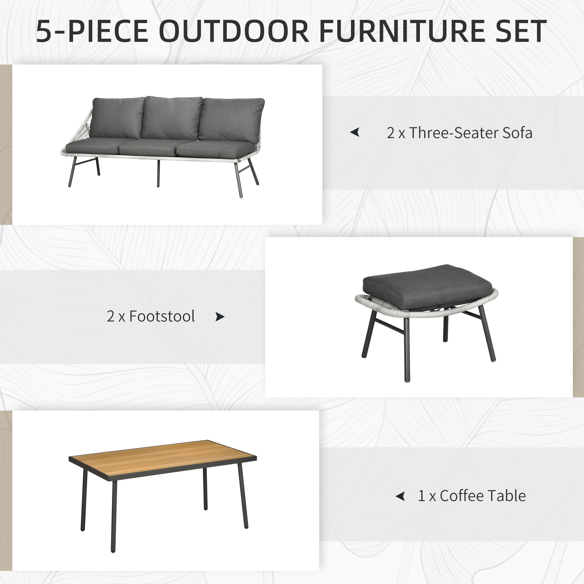 6 Seater Outdoor Rattan Garden Furniture Set with Cushions - Grey-3