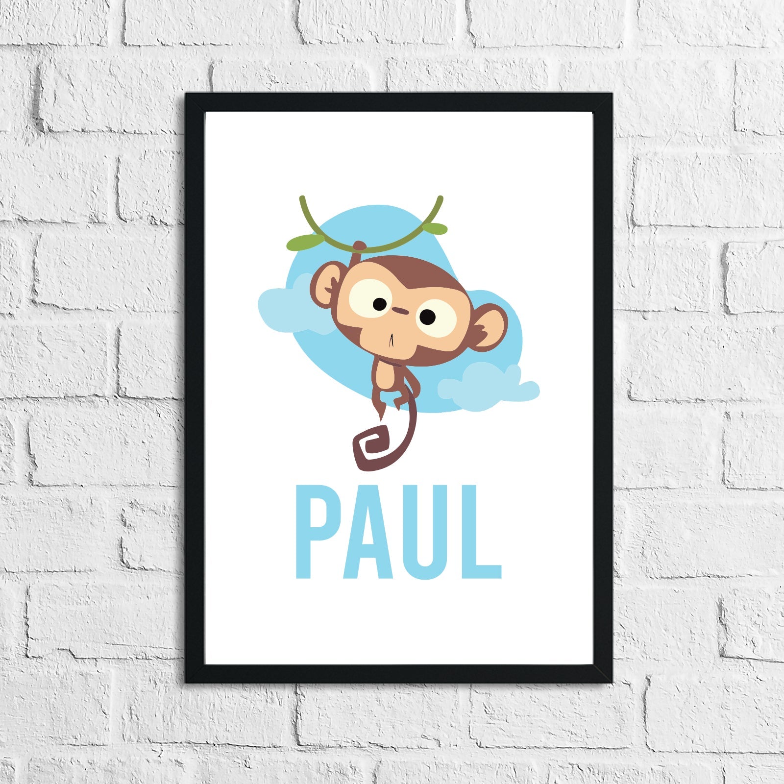 Cartoon Monkey Personalised Name Blue Children's Room Wall Decor Print-0