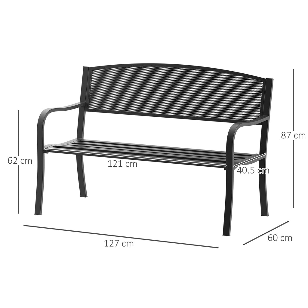 2 Seater Metal Garden Bench with Mesh Backrest - Black-2