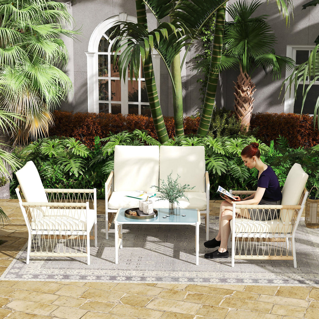 4 Piece Rattan Garden Furniture Set with Cushions - Khaki-1