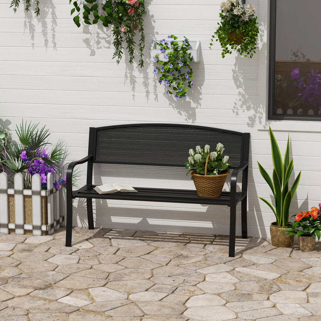 2 Seater Metal Garden Bench with Mesh Backrest - Black-1